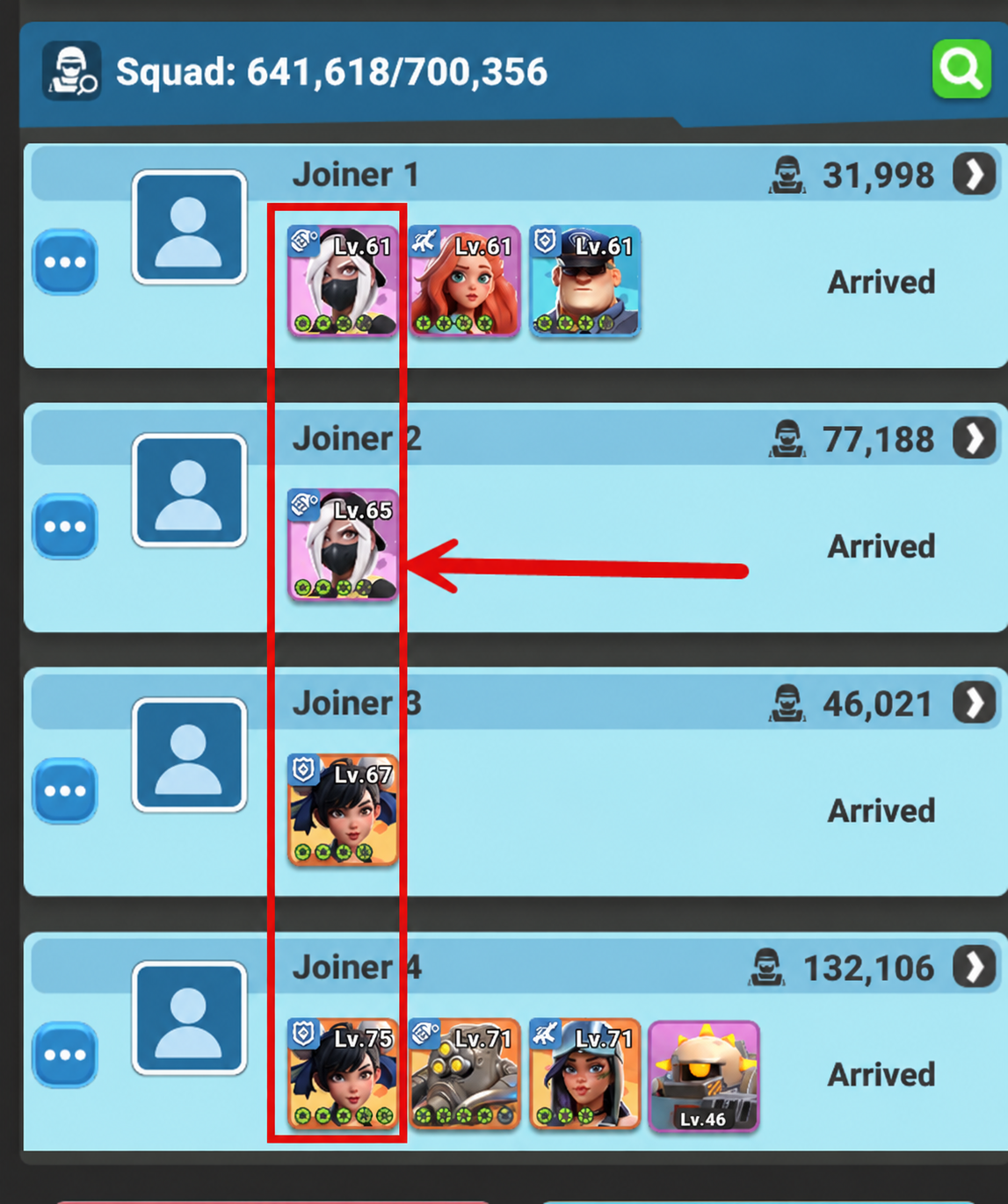 Four anonymous rally joiners. A red box highlights each first hero: two white-haired masked heroes followed by two Phoenix heroes.