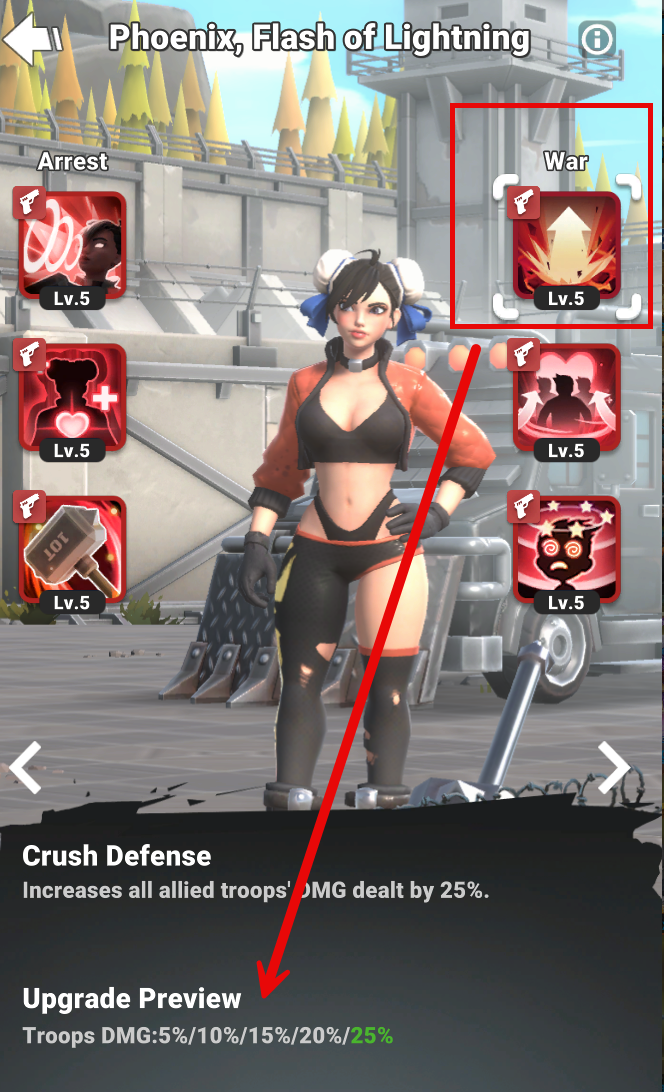 Phoenix's skill screen. The first War skill in the top-right corner is highlighted. Crush Defense increases allied troops' damage by 25 percent at level 5.